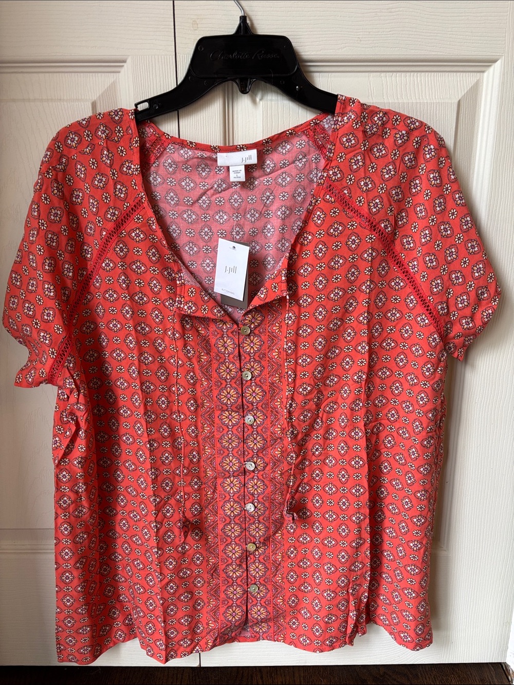 J. Jill bohemian Coral-Red Printed Tie Front Short Sleeve button front Blouse LP